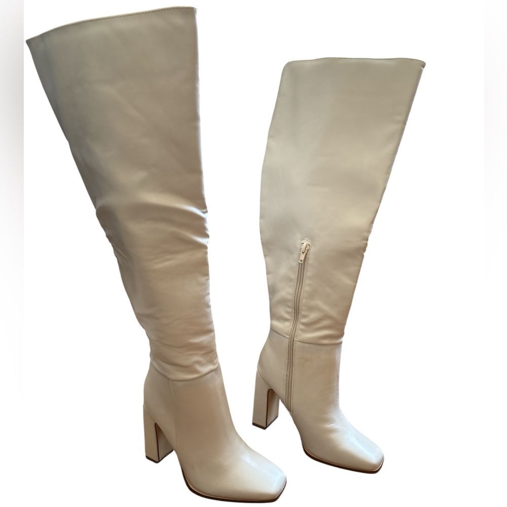 JustFab heeled boots Monrow over the knee cream glam mod 6 faux leather zippers